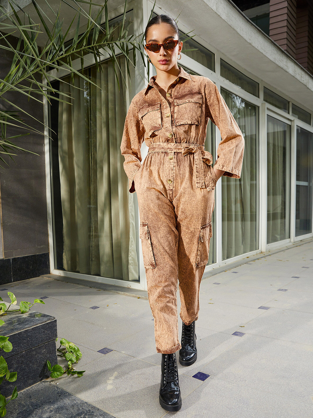 Buy SASSAFRAS Washed Front Button Pure Cotton Cargo Jumpsuit Jumpsuit