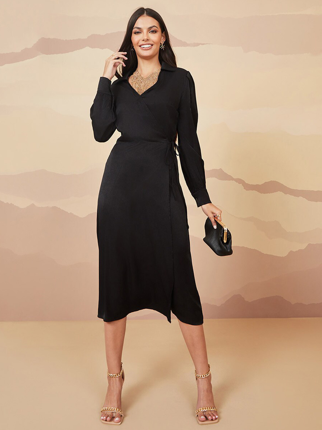 SPLICED FOLDS V NECK PUFF MIDI DRESS main image 0