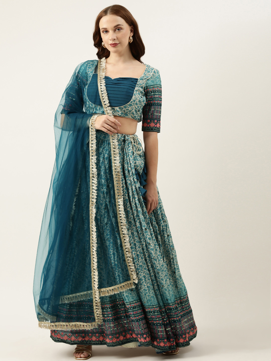 Traditional Net Lehenga with Multicolor Sequins Embroidered Blouse & Ethnic Motif Dupatta