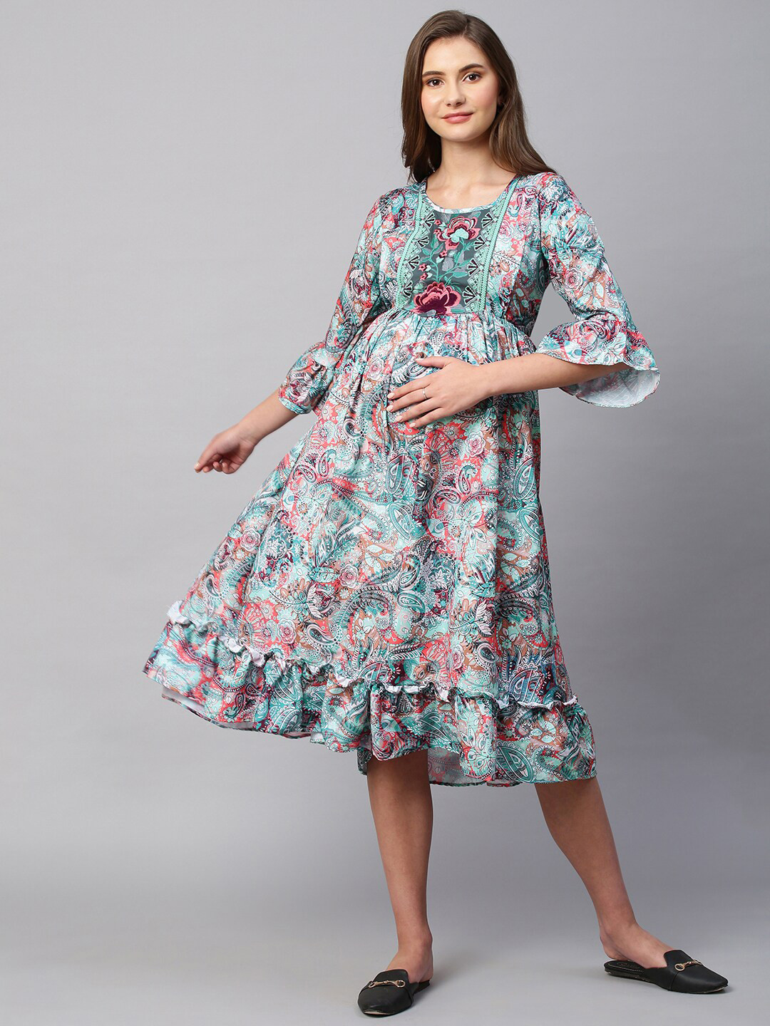 Buy Aanyor Floral Printed Embroidered Bell Sleeves Maternity Fit