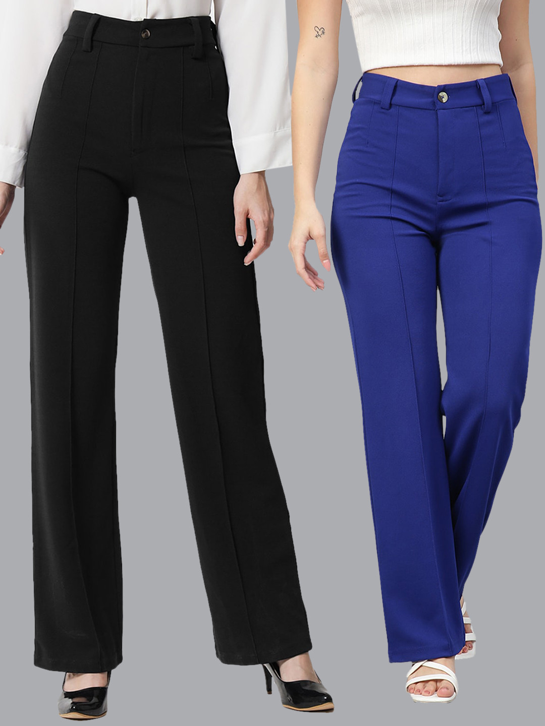 Women's Navy Blue Straight Fit Cotton Parallel Trousers