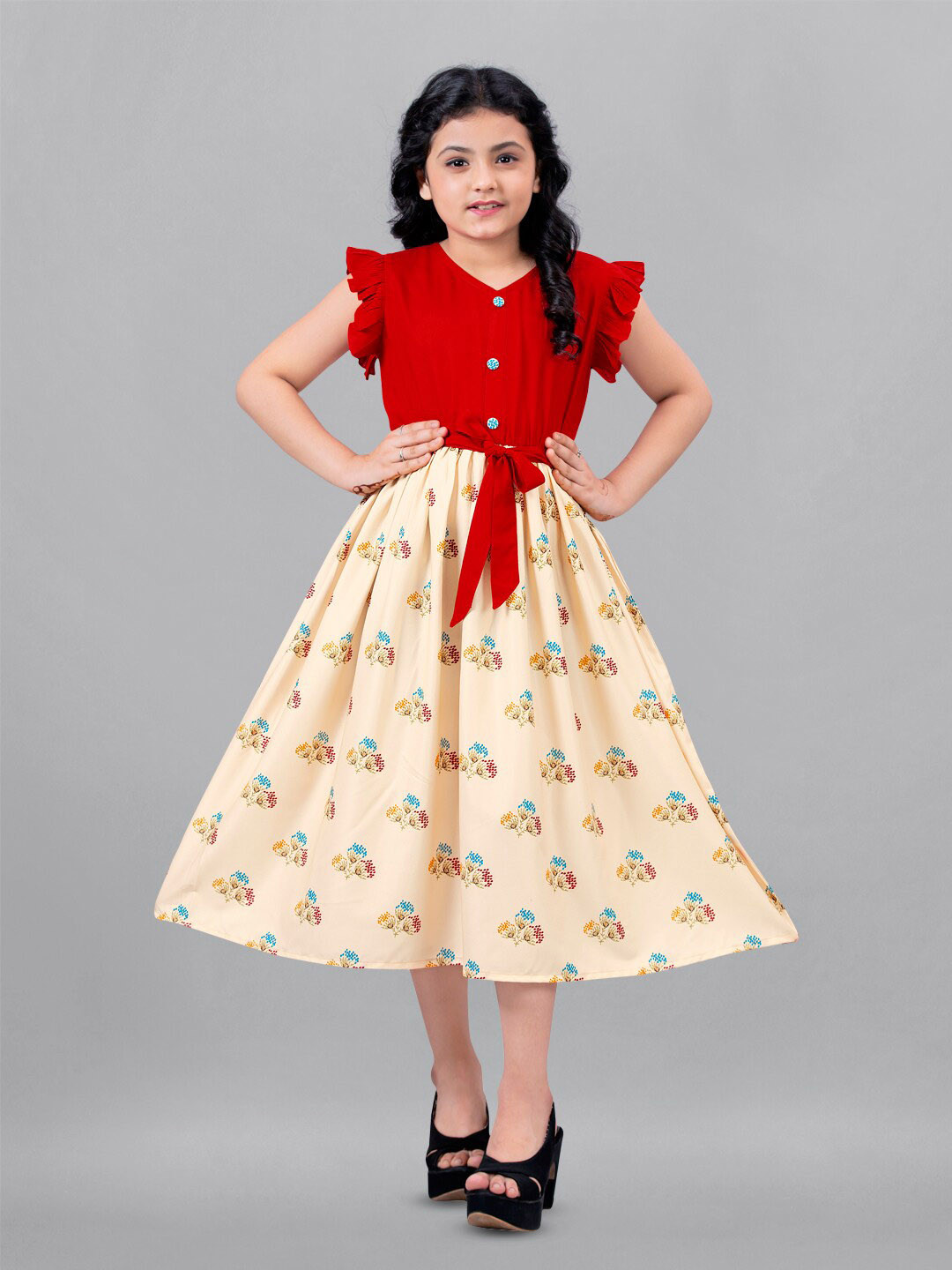 Girls Floral Printed Fit And Flare Midi Dress