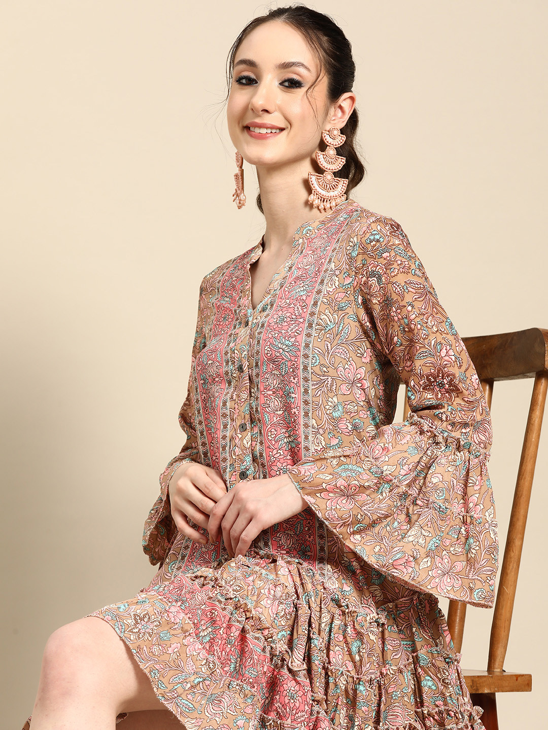 Buy Sangria Floral Print Bell Sleeves Ethnic Dress With Ruffles Detail