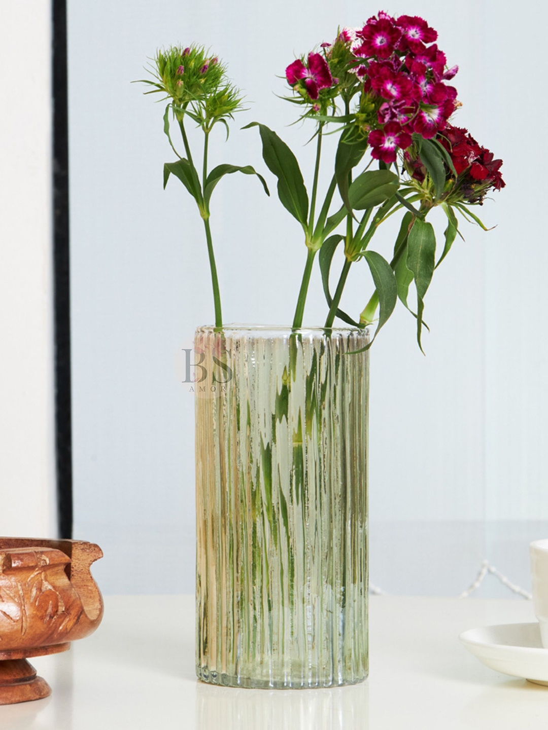 Buy BS AMOR Green Textured Cylindrical Shaped Glass Flower Vase - Vases ...