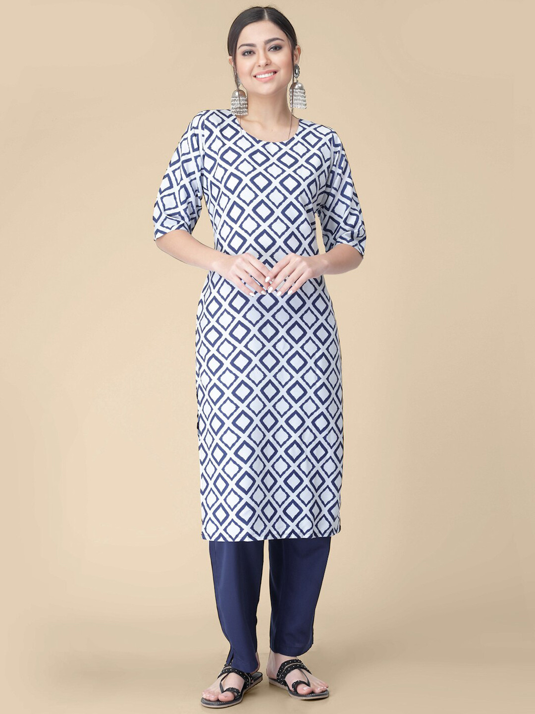 Blue Geometric Printed Yarn Dyed Straight Kurta and Trousers Co-ord Set