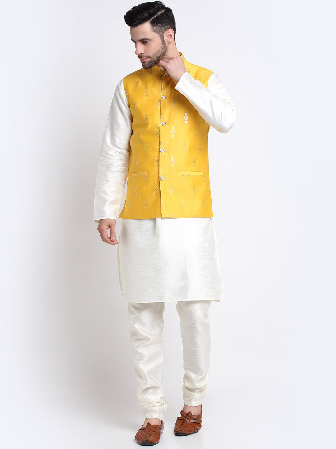 Buy KRAFT INDIA Mandarin Collar Kurta With Churidar & Nehru Jacket