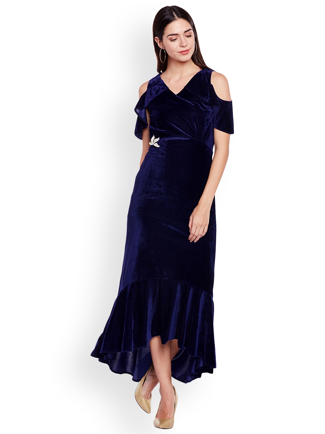 Buy Athena Women Blue Solid Velvet Finish Maxi Dress Dresses For Women 2243194 Myntra 1688