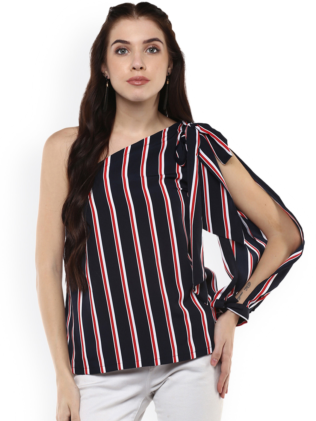 Buy Harpa Women Navy Blue Striped One Shoulder Top Tops for Women
