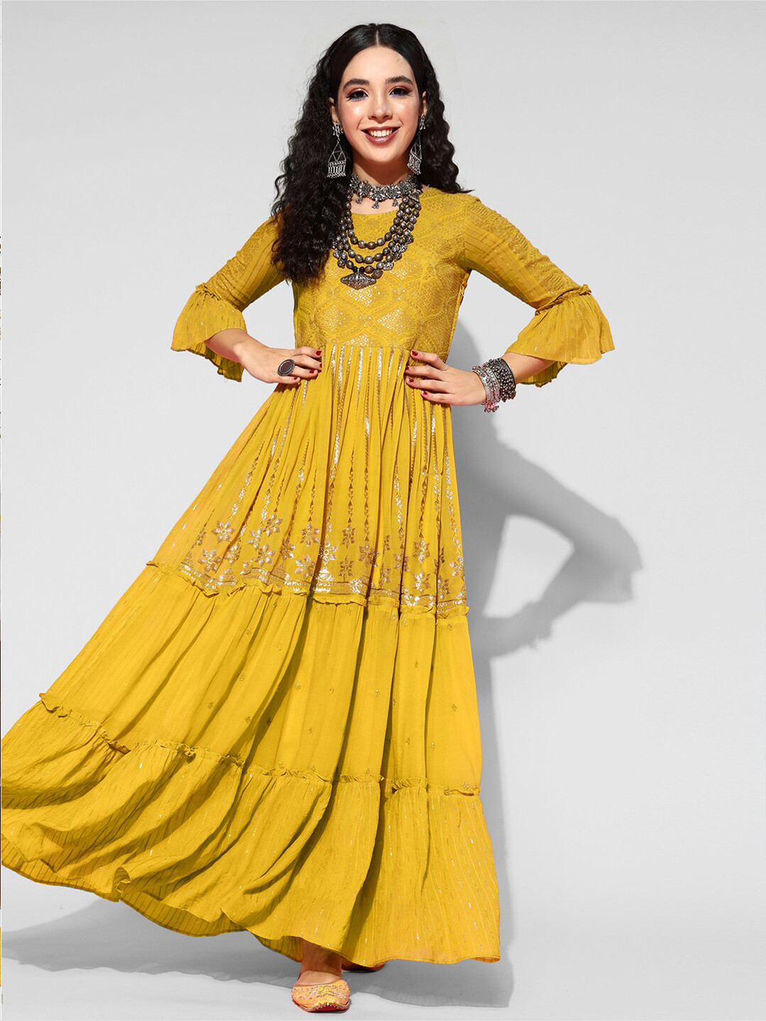 The Mahautsavam Black Ethnic Motif Printed Georgette Dress With Sequins & Beads