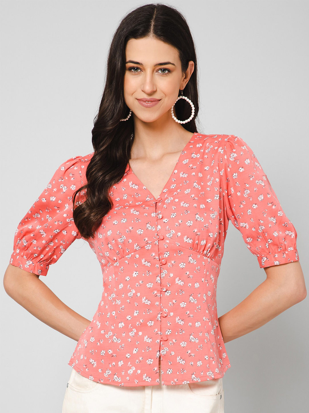 Buy PURYS Women Smart Floral Printed Collarless Puff Sleeves Opaque Smart Casual Shirt Shirts