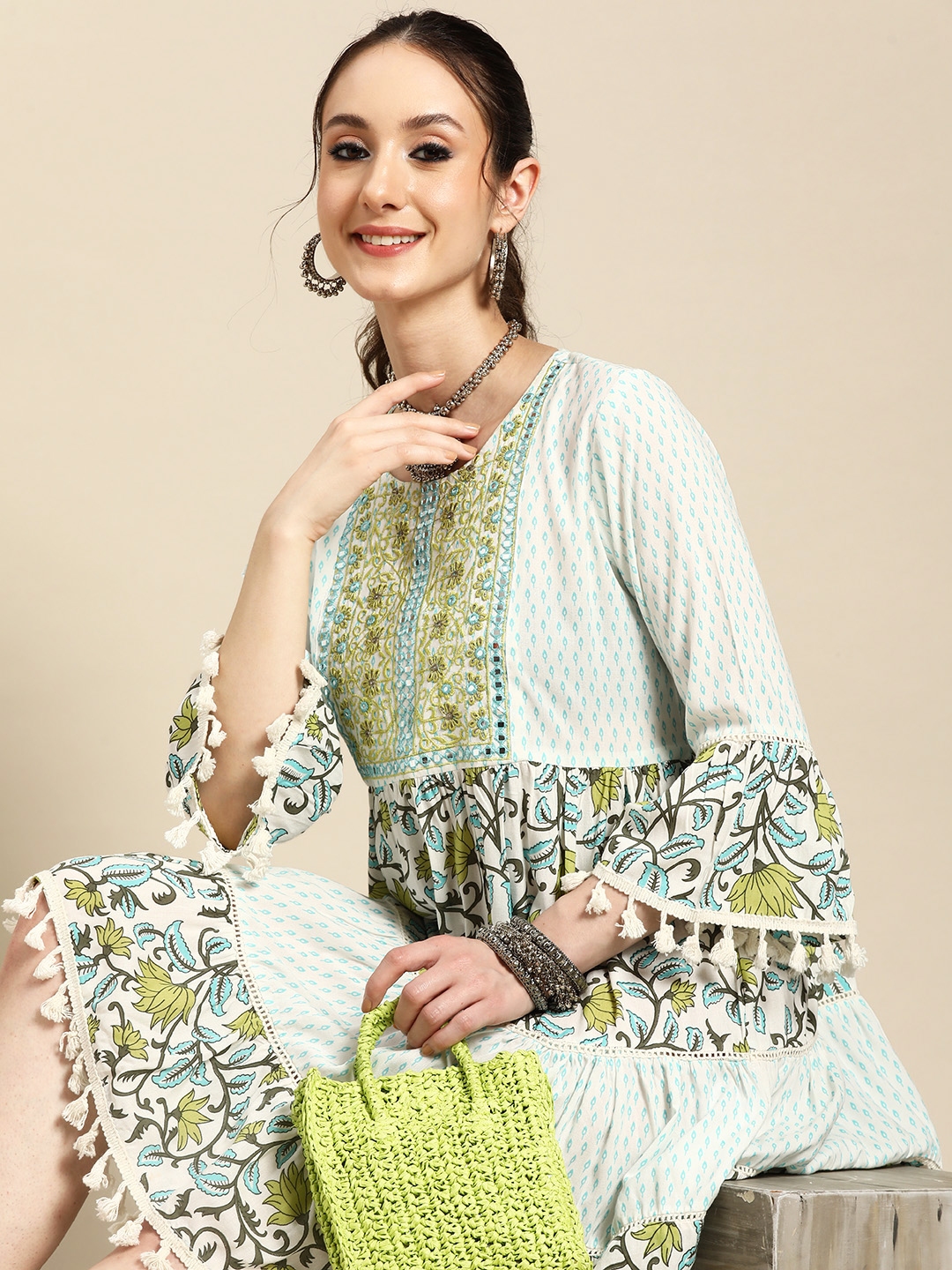 Buy Sangria Floral Print Embellished Bell Sleeves Tiered Ethnic Dress ...