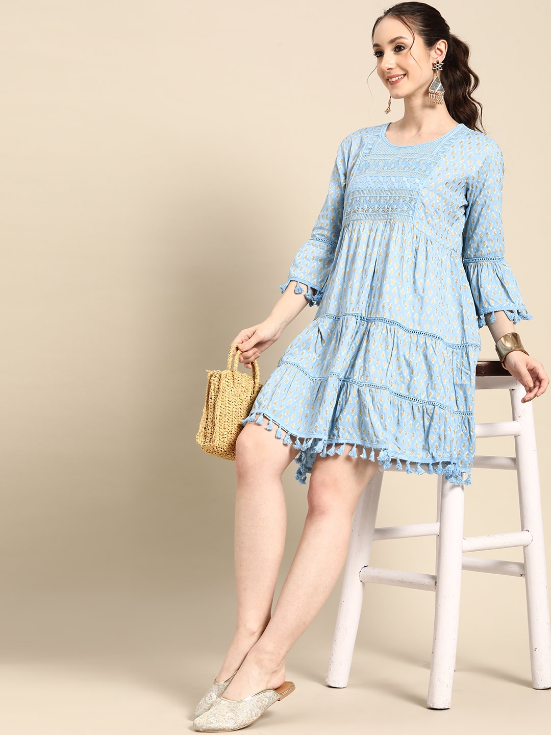 Buy Sangria Ethnic Motif Print Bell Sleeves Tiered Ethnic Dress With