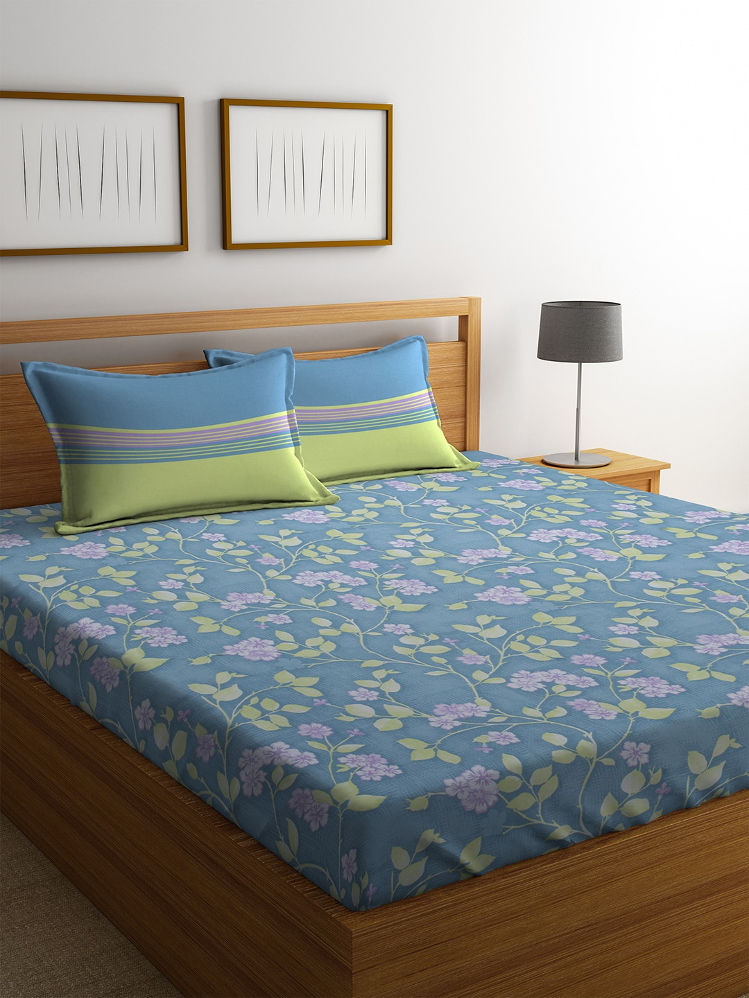 Buy Trident Blue And Green Printed Cotton 144 TC Double Queen Bedsheet