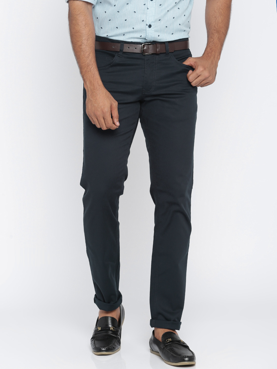 Buy Parx Men Navy Blue Tapered Fit Solid Regular Trousers - Trousers ...