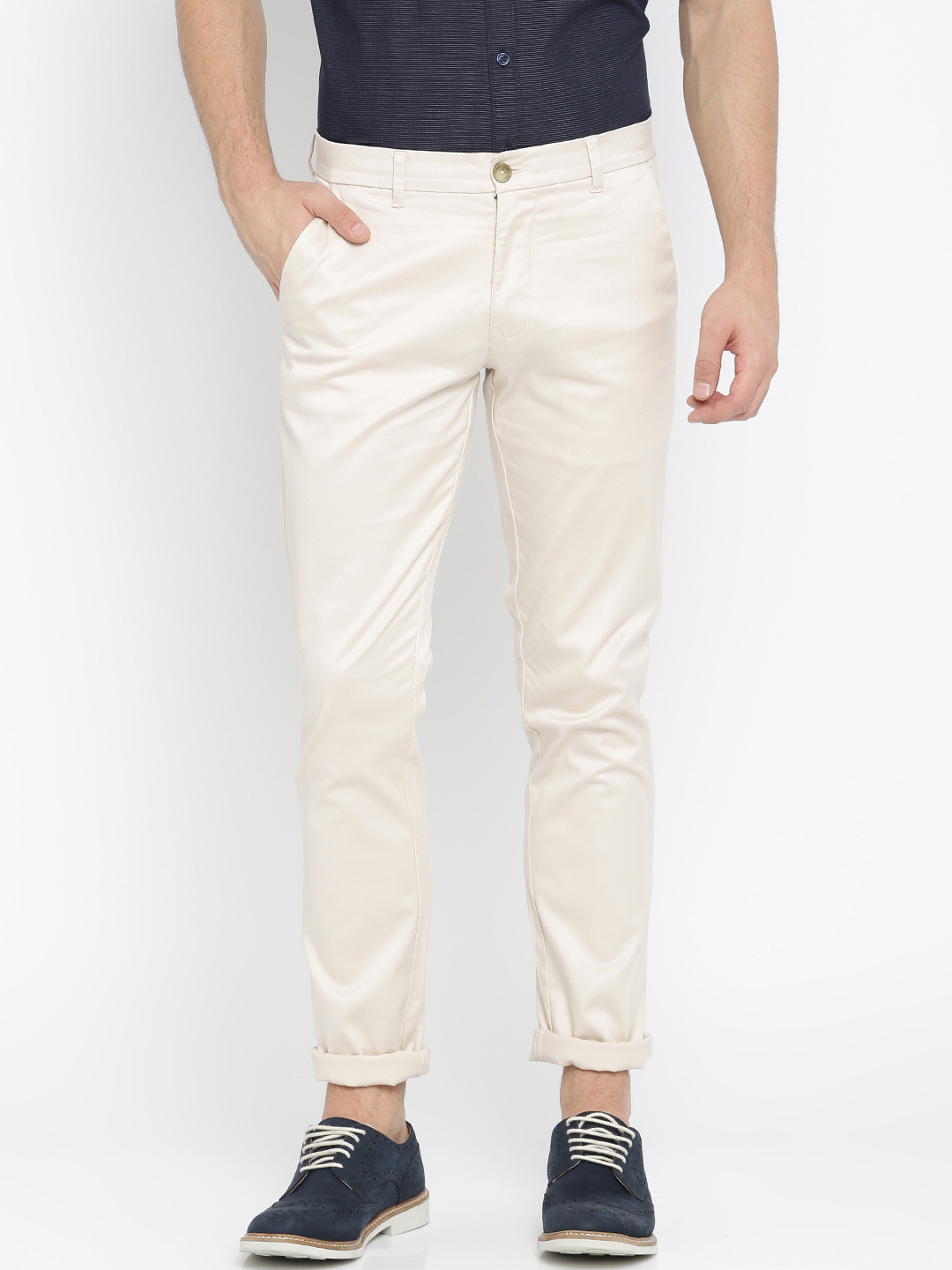Buy Parx Men Cream Tapered Fit Solid Regular Trousers - Trousers for ...