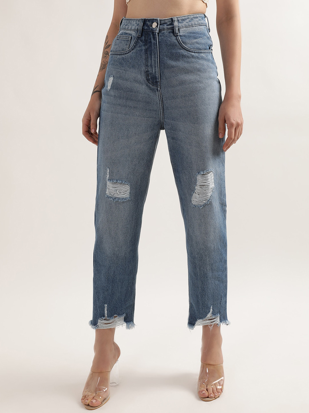 Women Blue Heavy Fade Crinkle Effect Stretchable Cotton Jeans