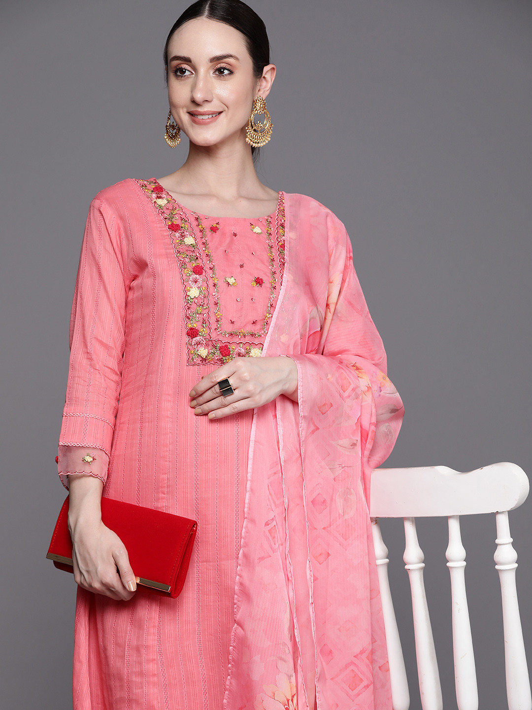 Indo Era Peach Embroidered Straight Kurta Trousers With Dupatta Set
