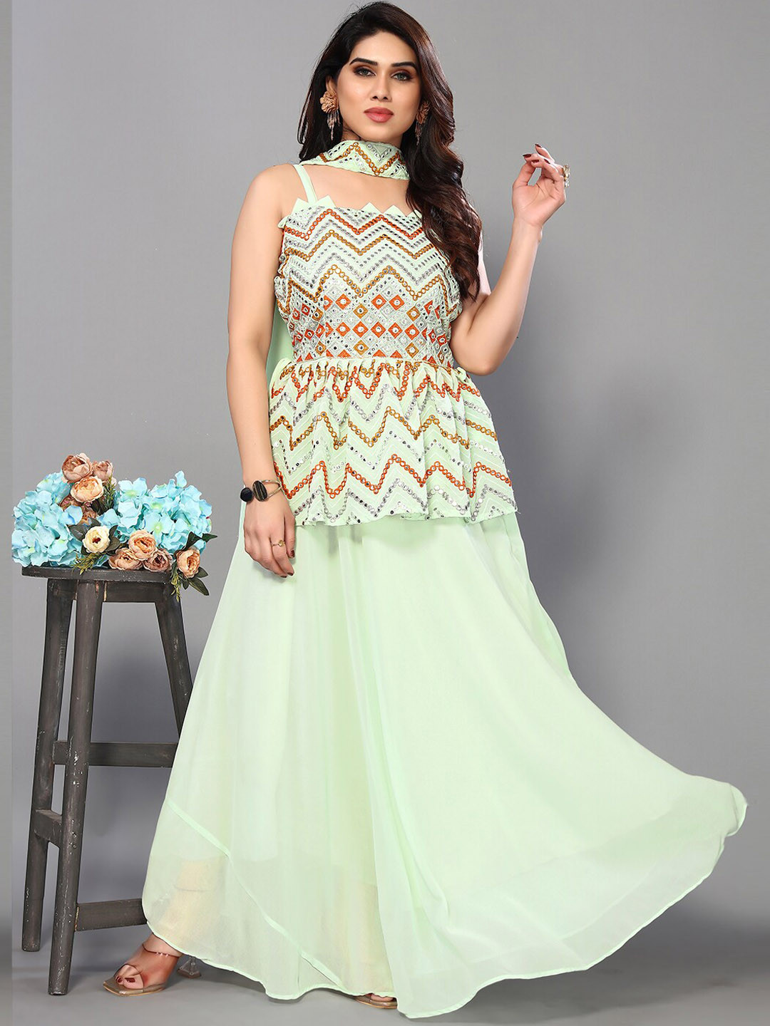 Buy Trendz Style Embroidered Shoulder Straps Mirror Work Kurti With