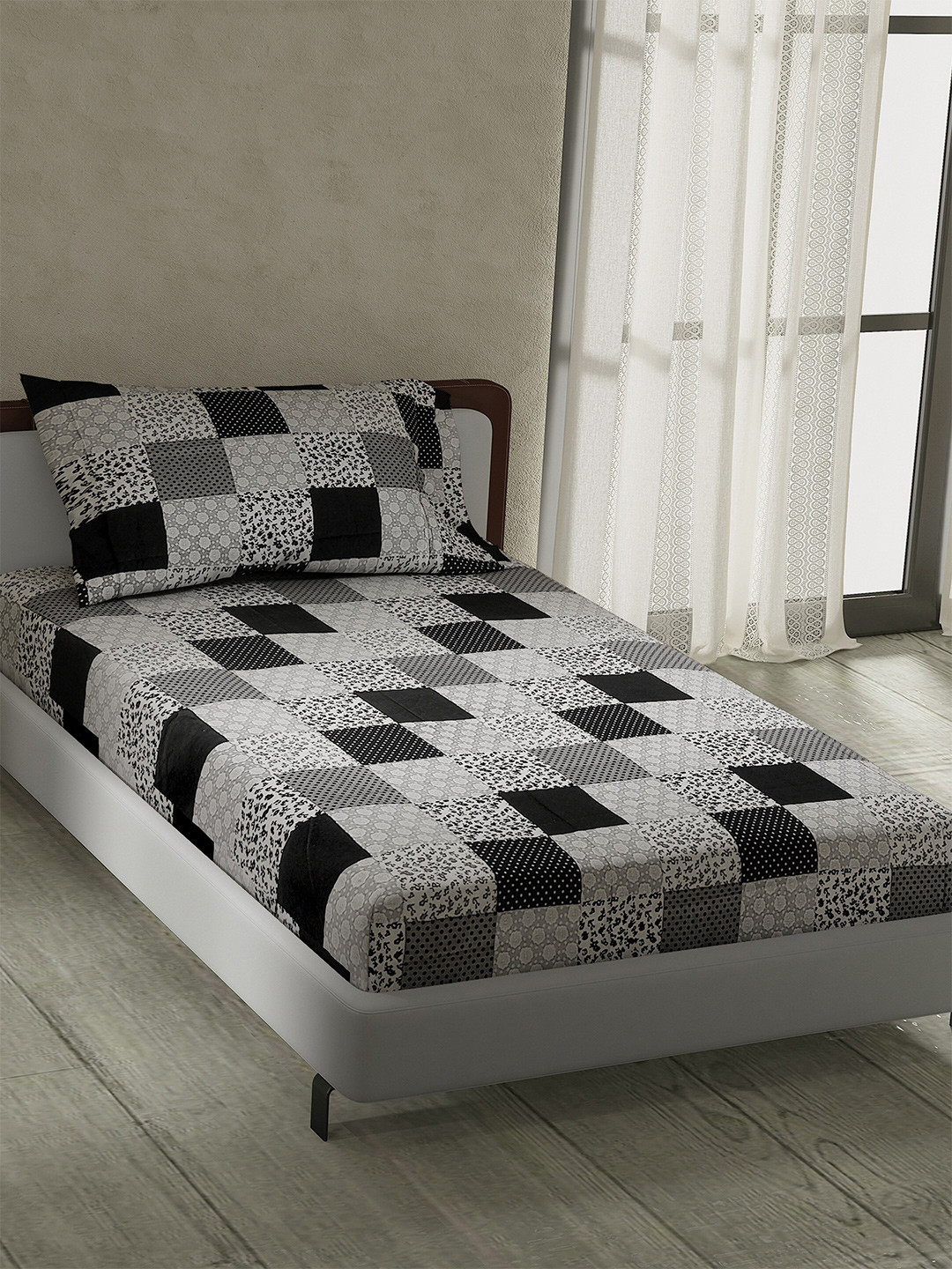 Buy LABHAM Retro Grey & Black Geometric 180 TC Single Bedsheet & Pillow