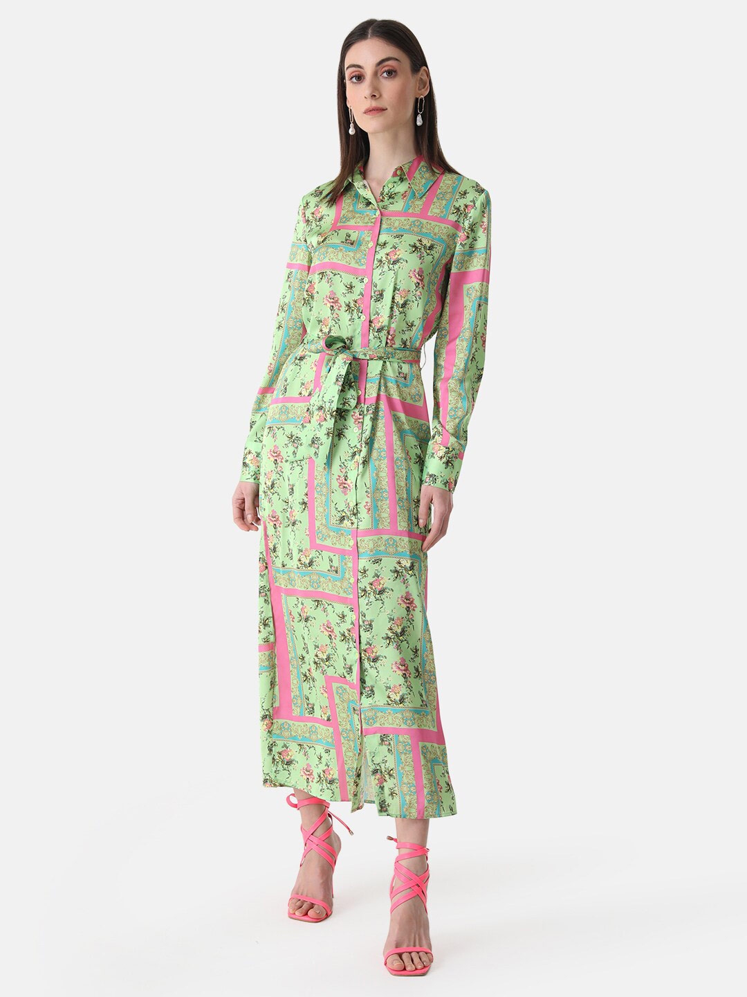 Buy Kazo Floral Printed Satin Shirt Midi Dress With Belt - Dresses for ...