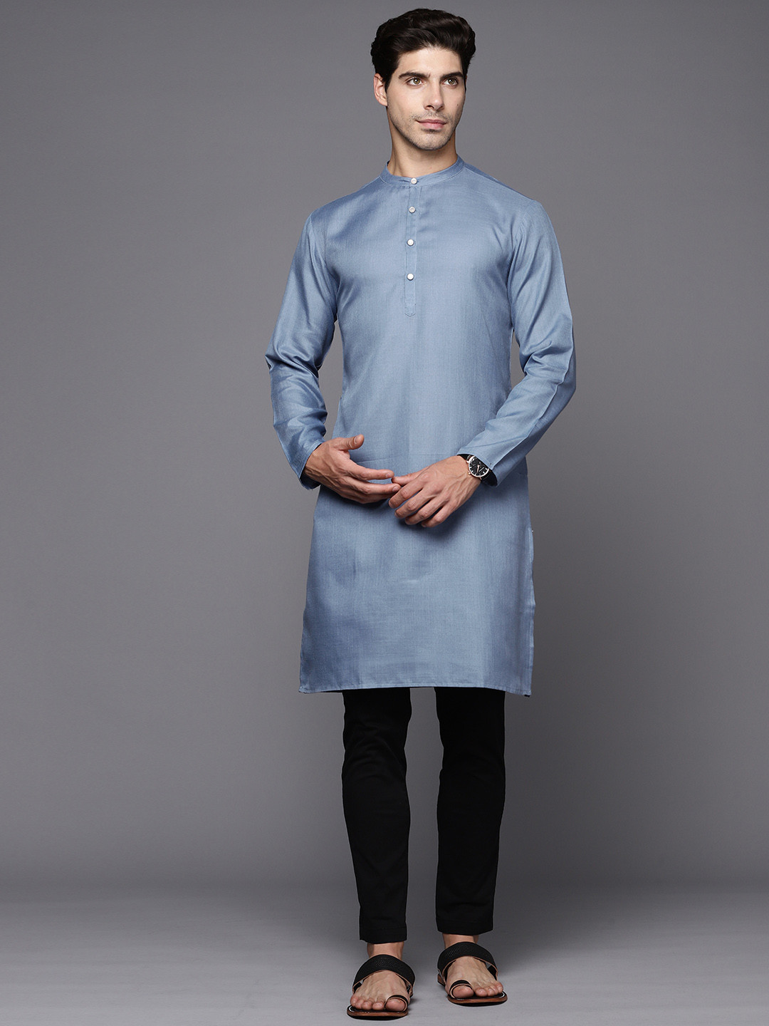 Indo Era Blue Solid Straight Kurta