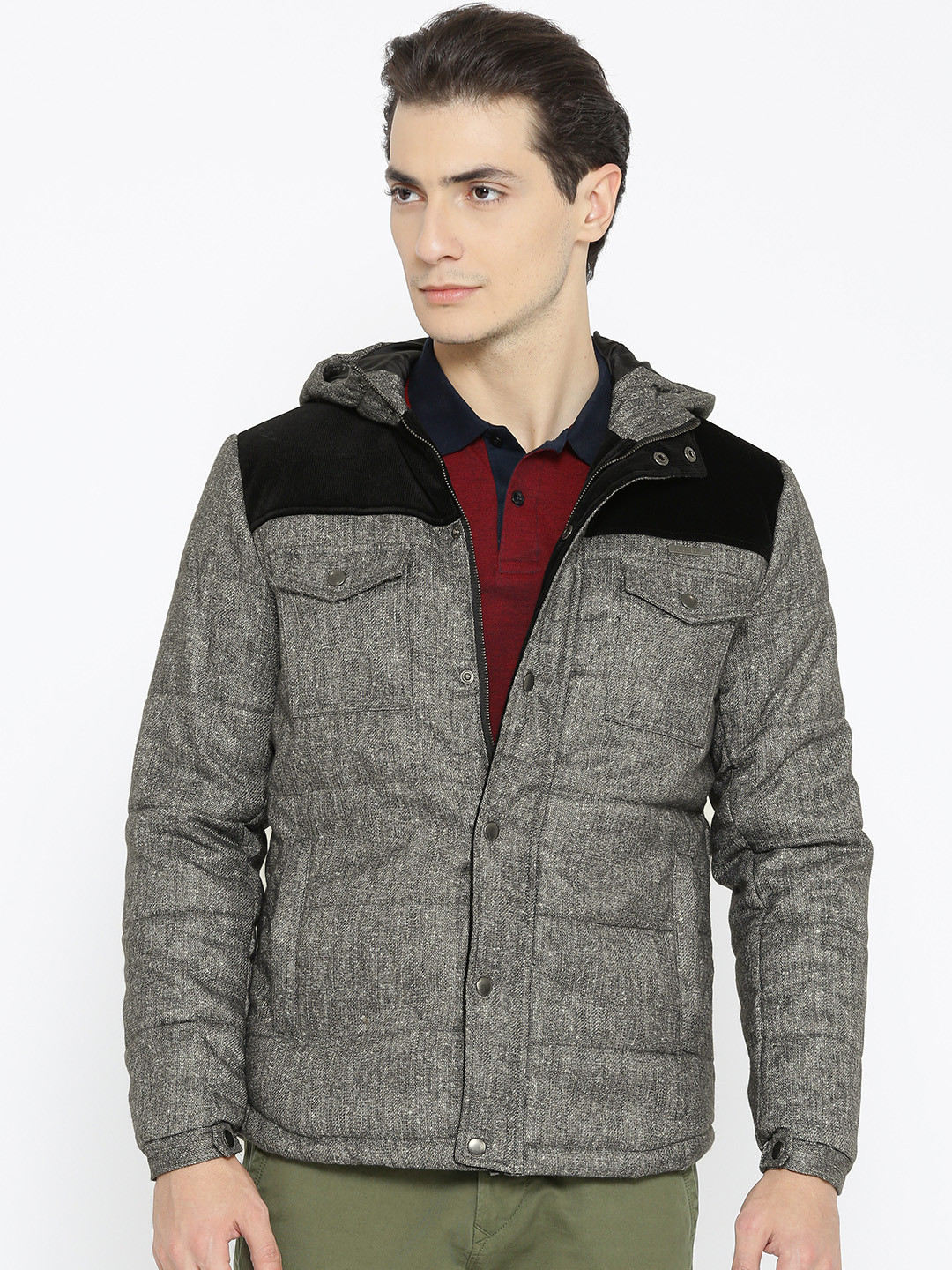 Buy Allen Solly Men Grey Melange Hooded Quilted Jacket Jackets for