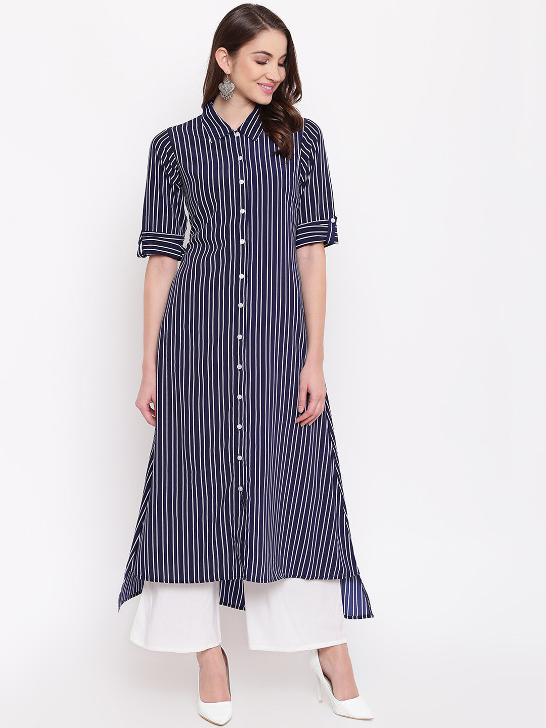 Buy Napra Shirt Collar High Low Striped A Line Kurta Kurtas for Women