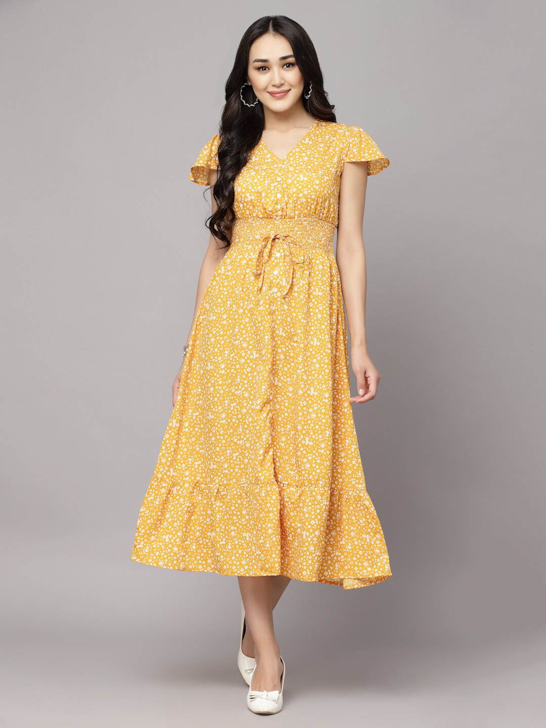 AAYU Women A-Line Ruffle Sleeves Brown Dress