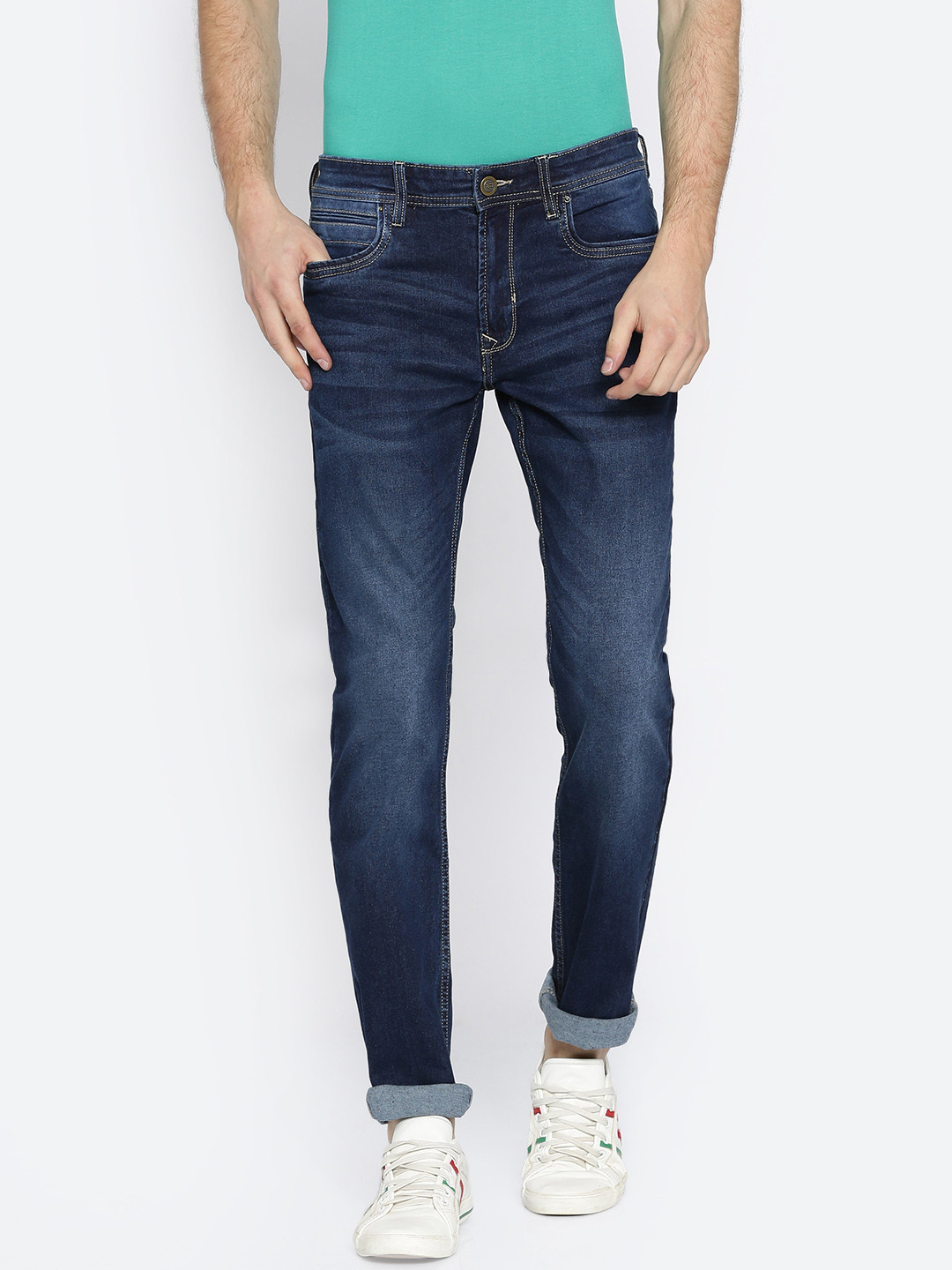 Buy Peter England Casuals Men Blue Slim Fit Mid Rise Clean Look