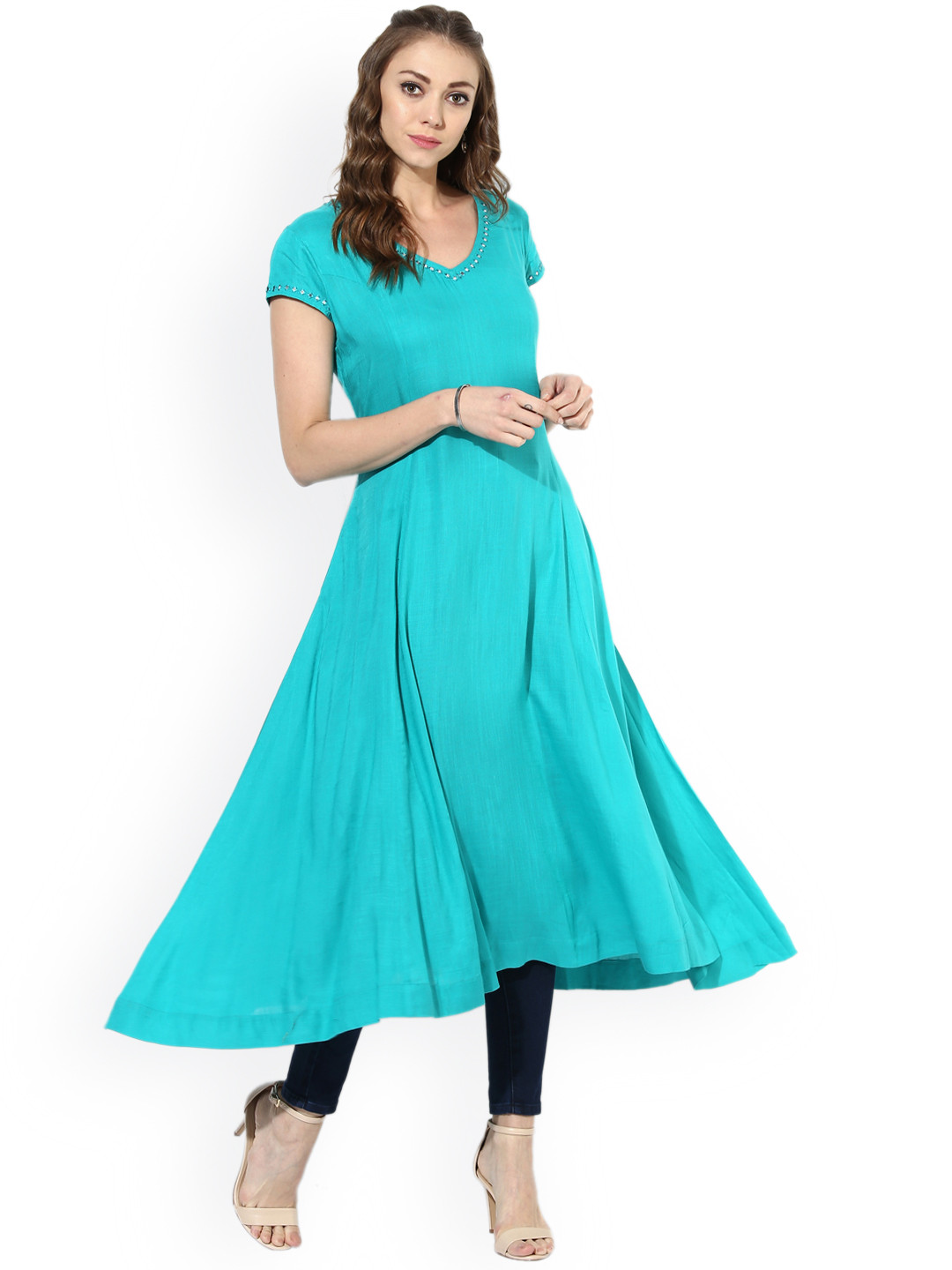 Women's Solid Turquoise Ethnic Blue Anarkali Kurti