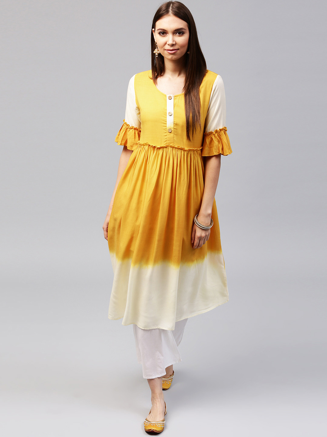 Buy AKS Women Mustard Yellow & Cream Coloured Printed A Line Kurta