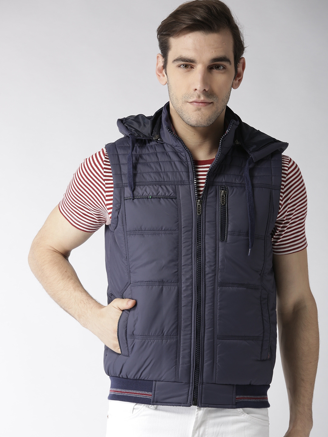Buy Fort Collins Men Navy Solid Sleeveless Bomber Jacket With ...