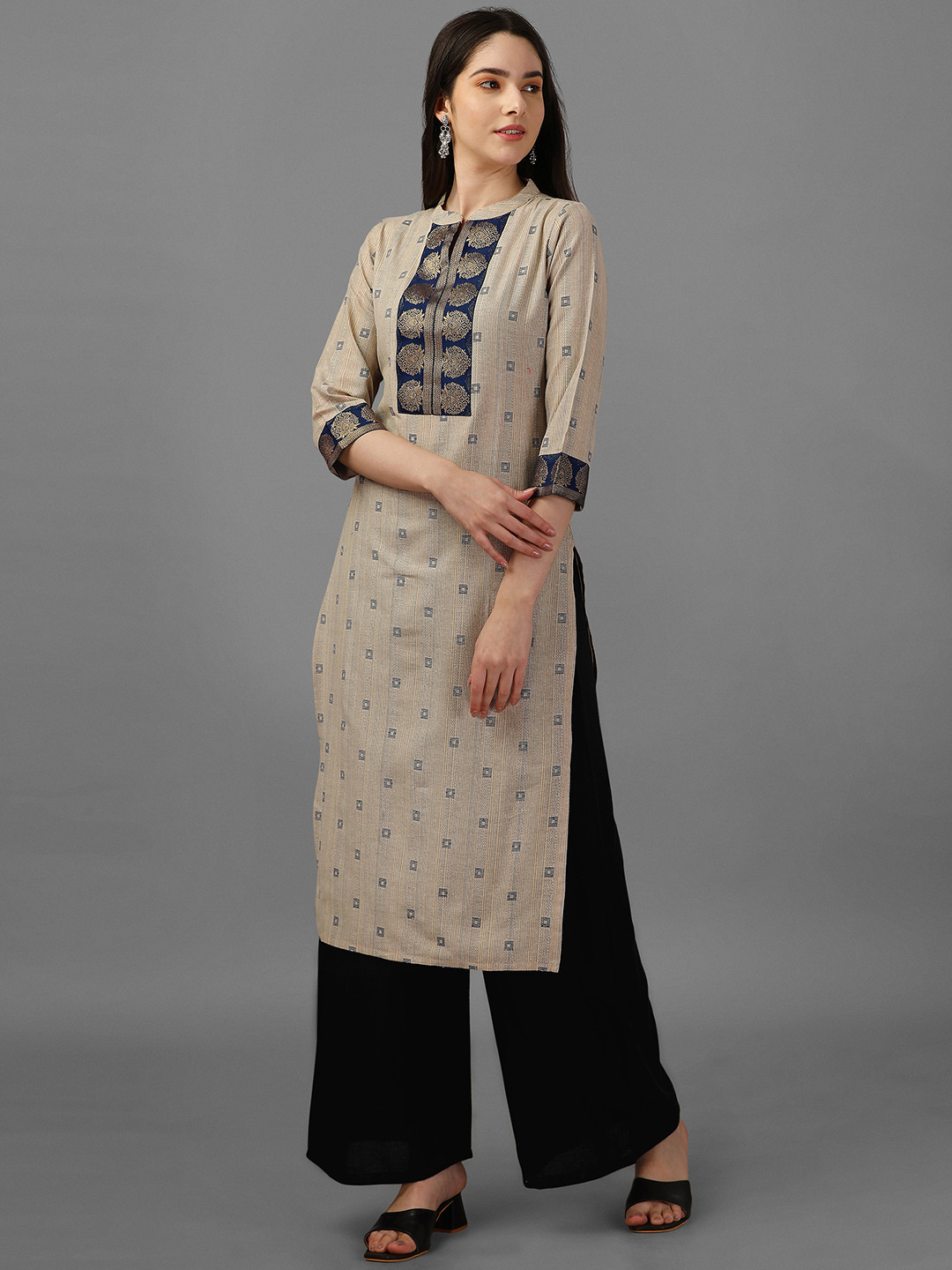 Buy Beige Cotton Dobby Weave Stand Collar Neck 3/4th Sleeves