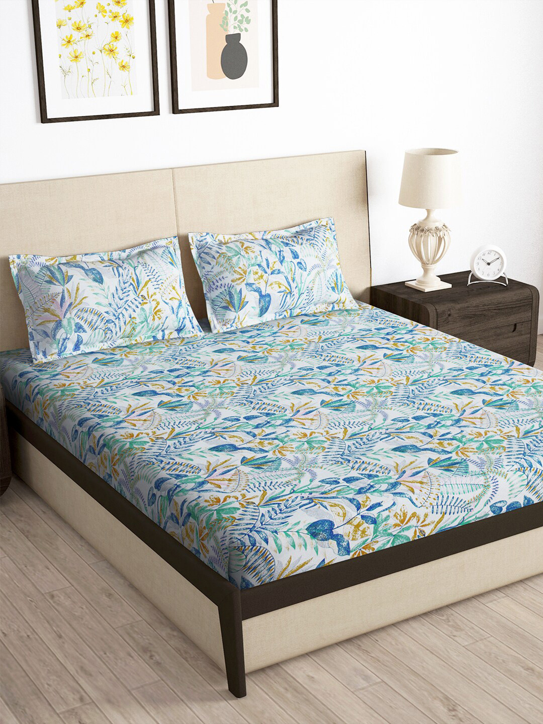 Buy Storyhome Arena White & Blue Floral 180 TC Fitted King Bedsheet With 2 Pillow Covers
