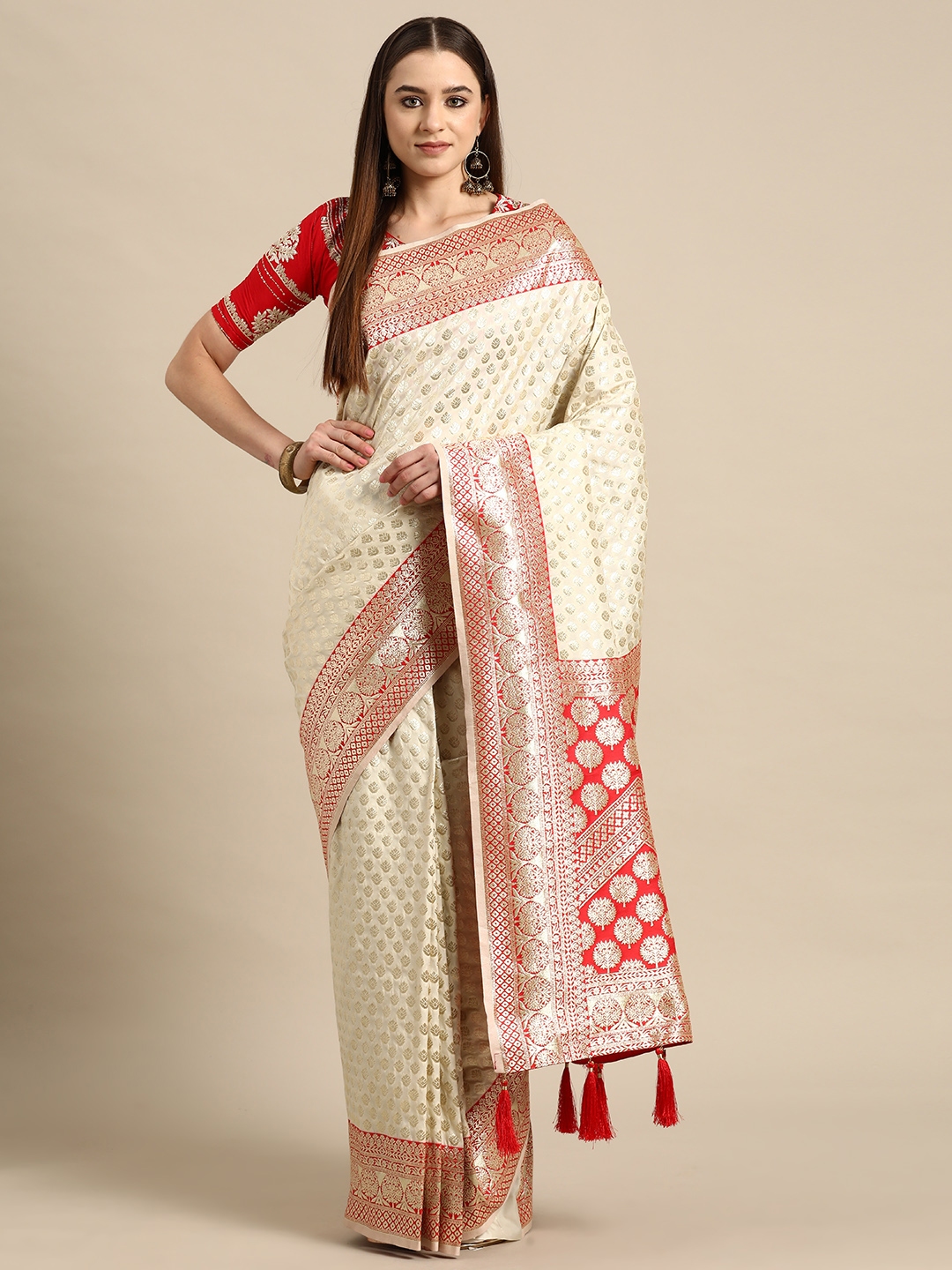 Buy Manohari White Woven Design Silk Blend Banarasi Saree Sarees For Women 22506430 Myntra 5234