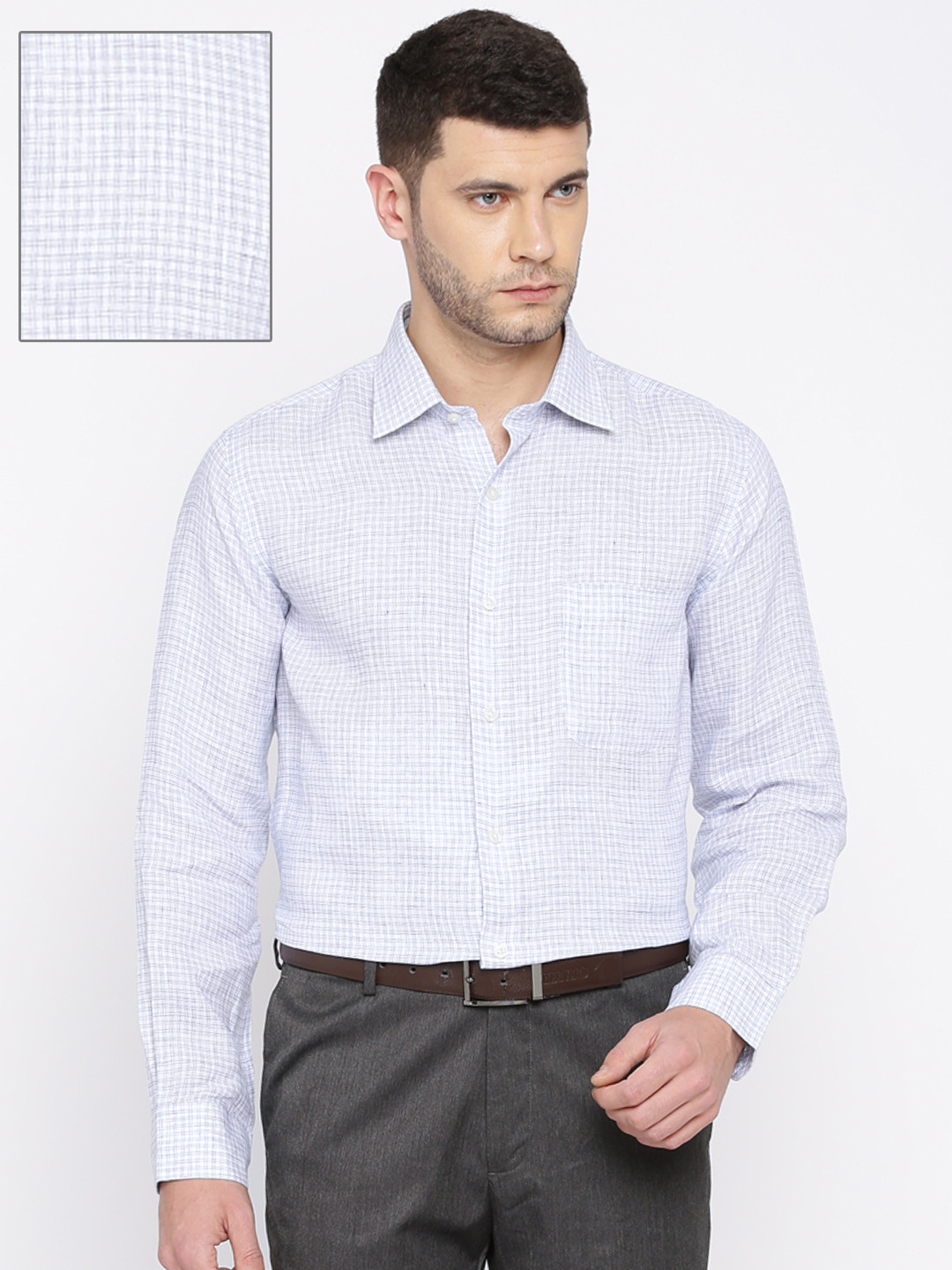 Buy Arrow Men White & Blue Linen Regular Fit Checked ...