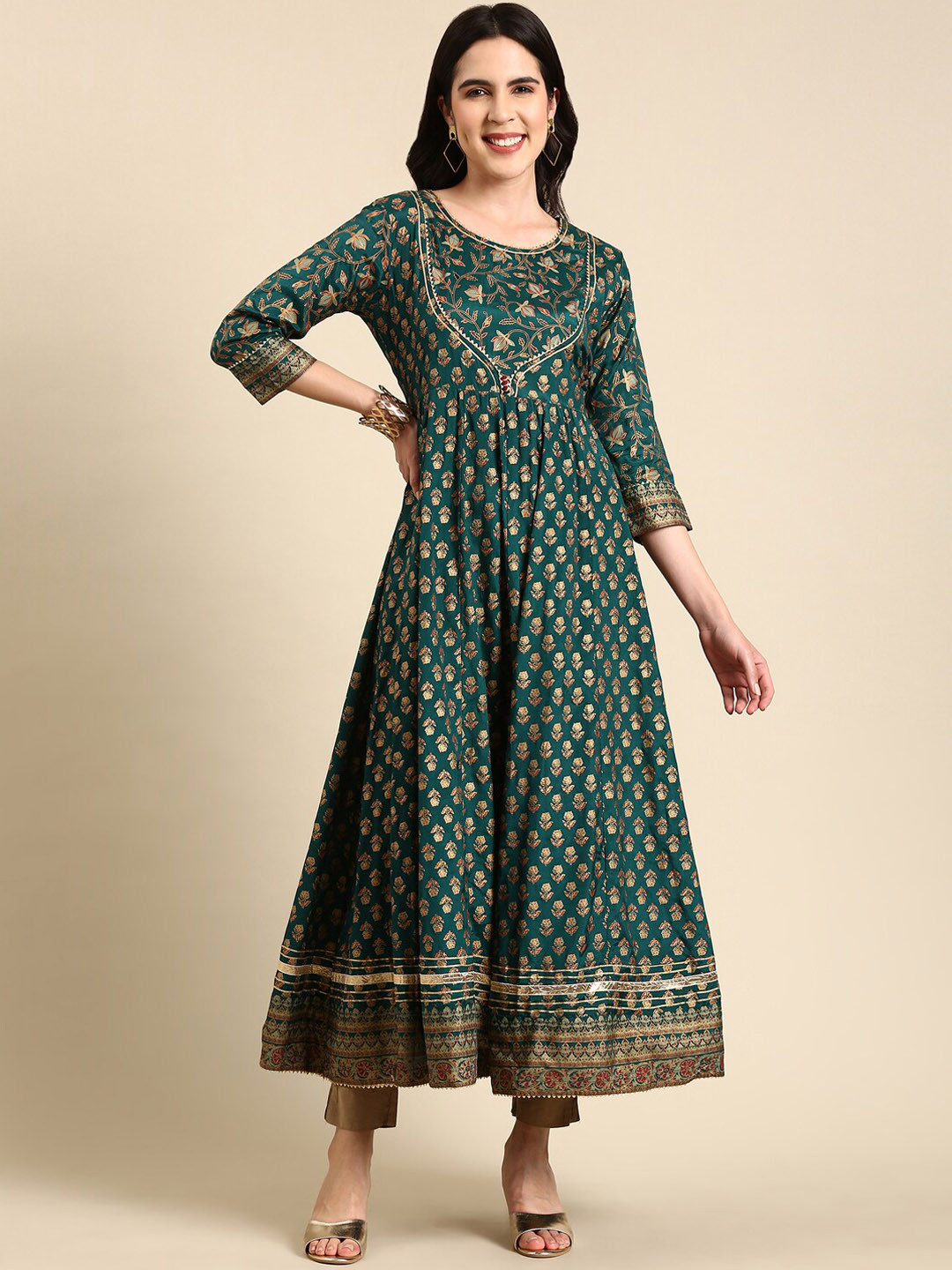 Women's Green Round Neck Anarkali Kurta with Dupatta