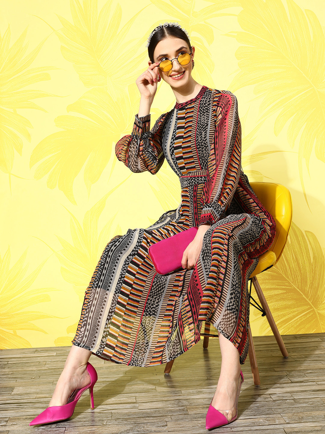 Buy Juniper Print Puff Sleeve Chiffon A Line Midi Dress Dresses for