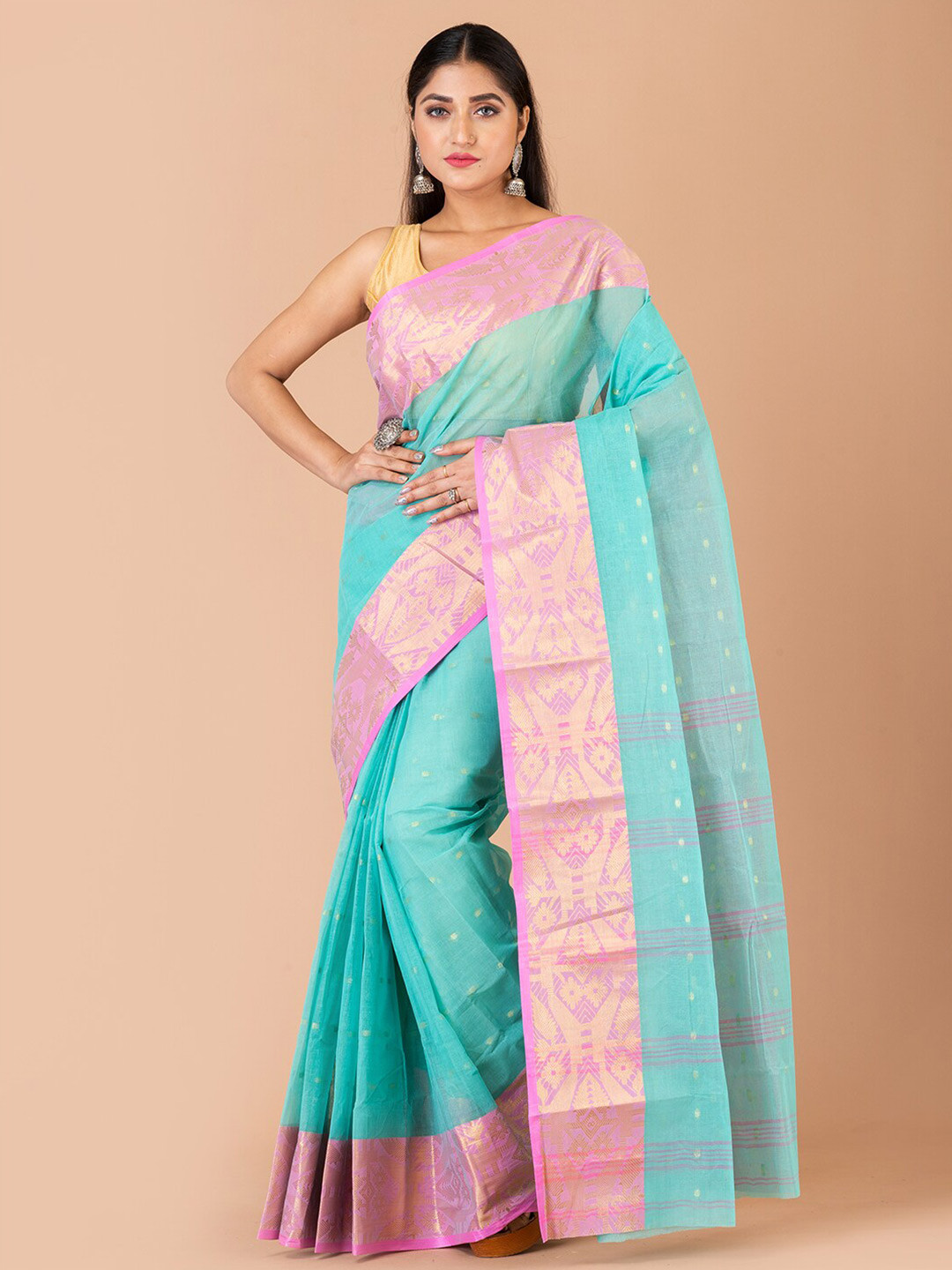 buy-laa-calcutta-woven-design-zari-pure-cotton-taant-saree-sarees-for