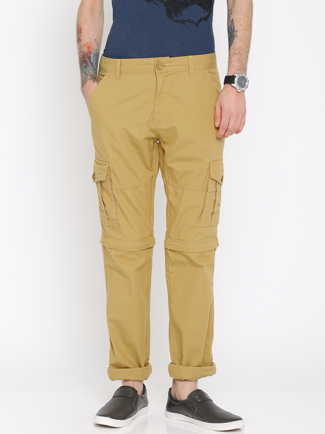 Buy RIG Men Khaki Brown Regular Fit Solid Convertible Cargos - Trousers ...