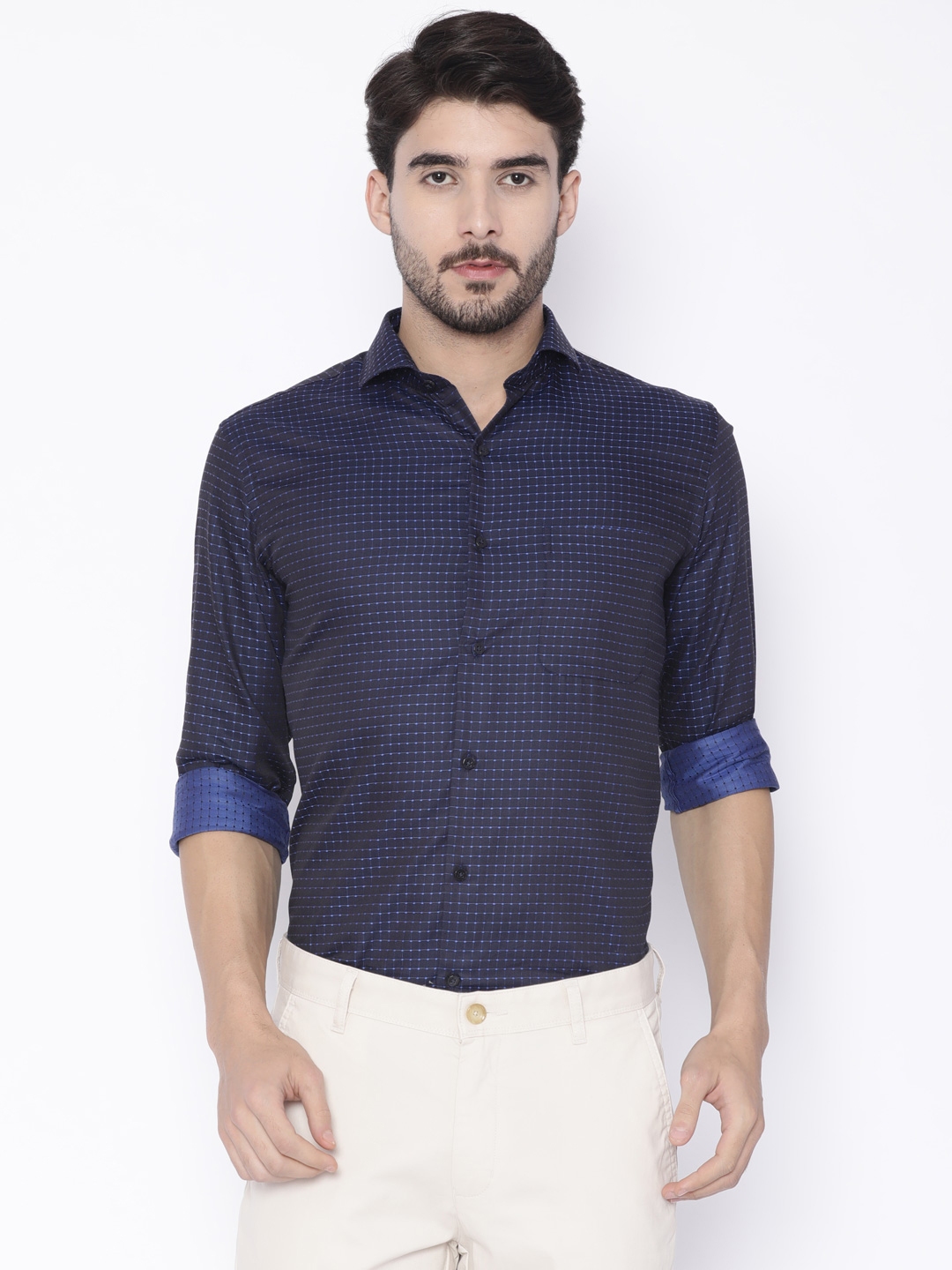 Buy Raymond Men Navy Blue Self Design Fit Solid Formal Shirt - Shirts ...