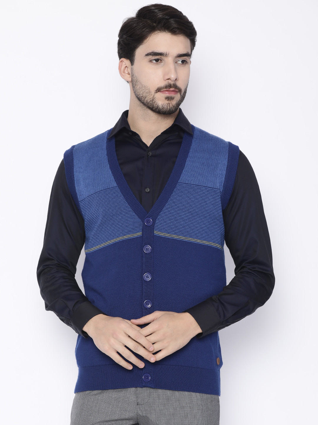 Buy Raymond Men Blue Striped Cardigan Sweaters for Men 2253502 Myntra