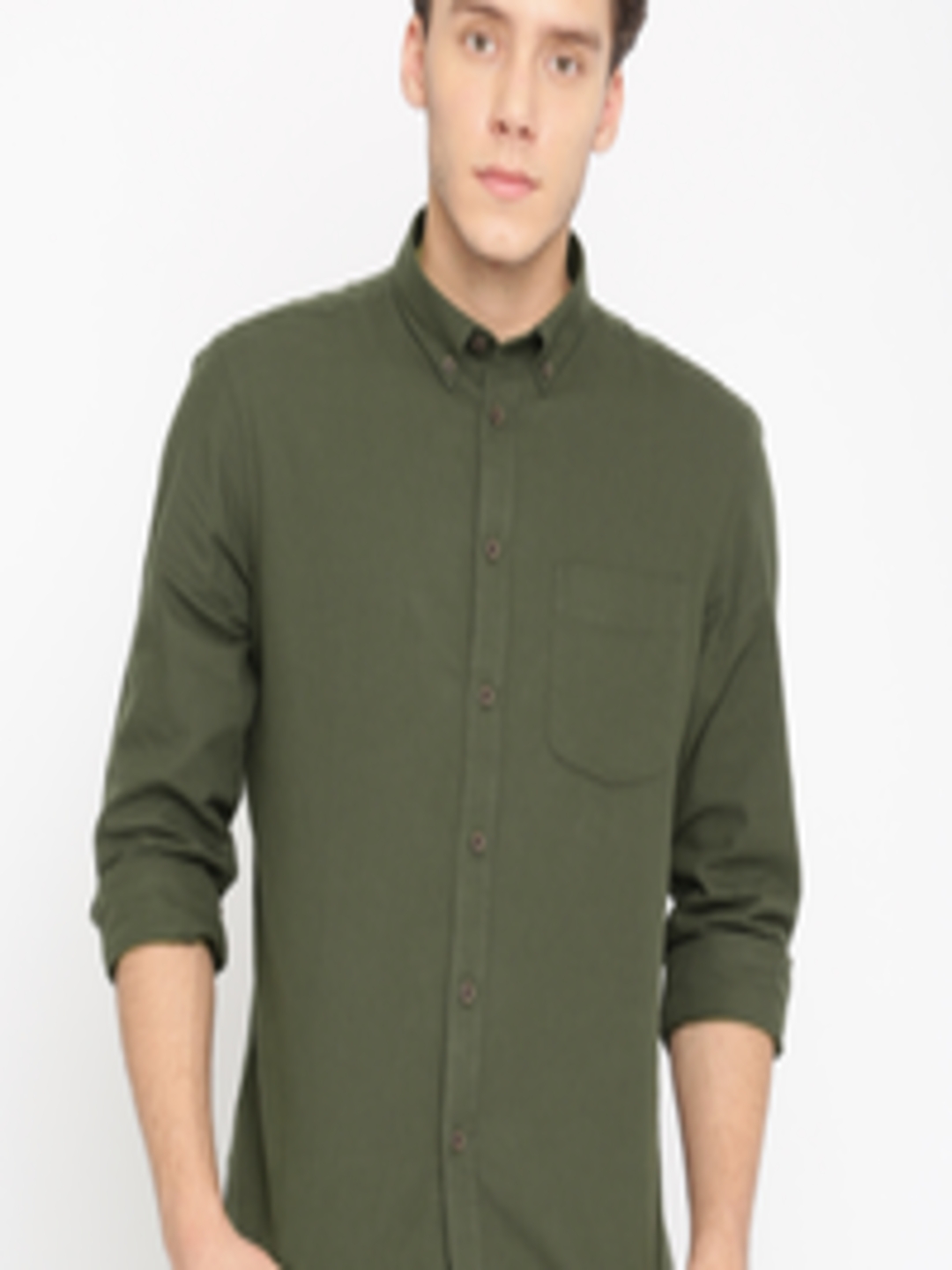 Buy Marks & Spencer Men Olive Green Regular Fit Solid Casual Shirt ...