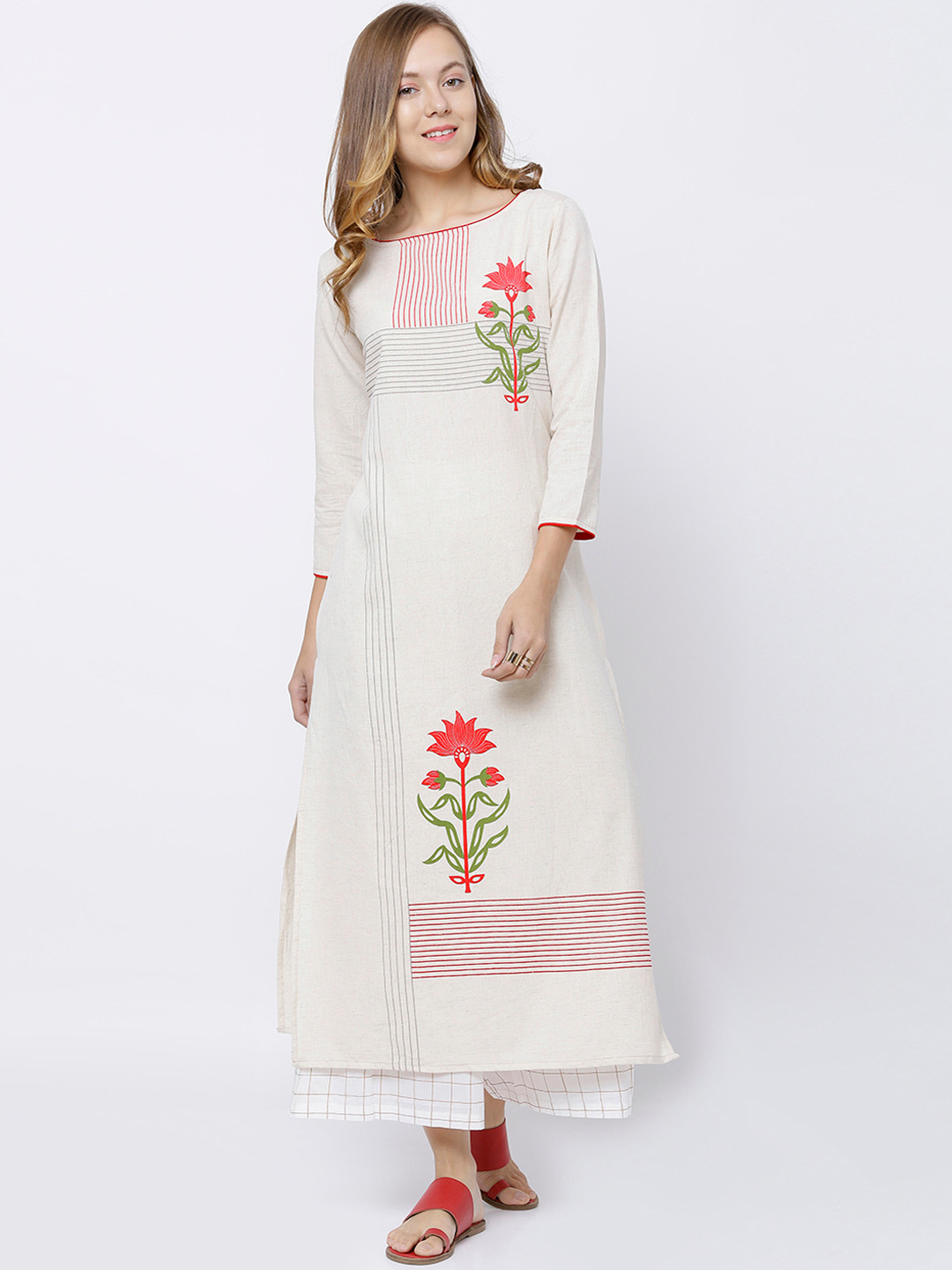 Women's Cream Printed Straight Kurta main image 0