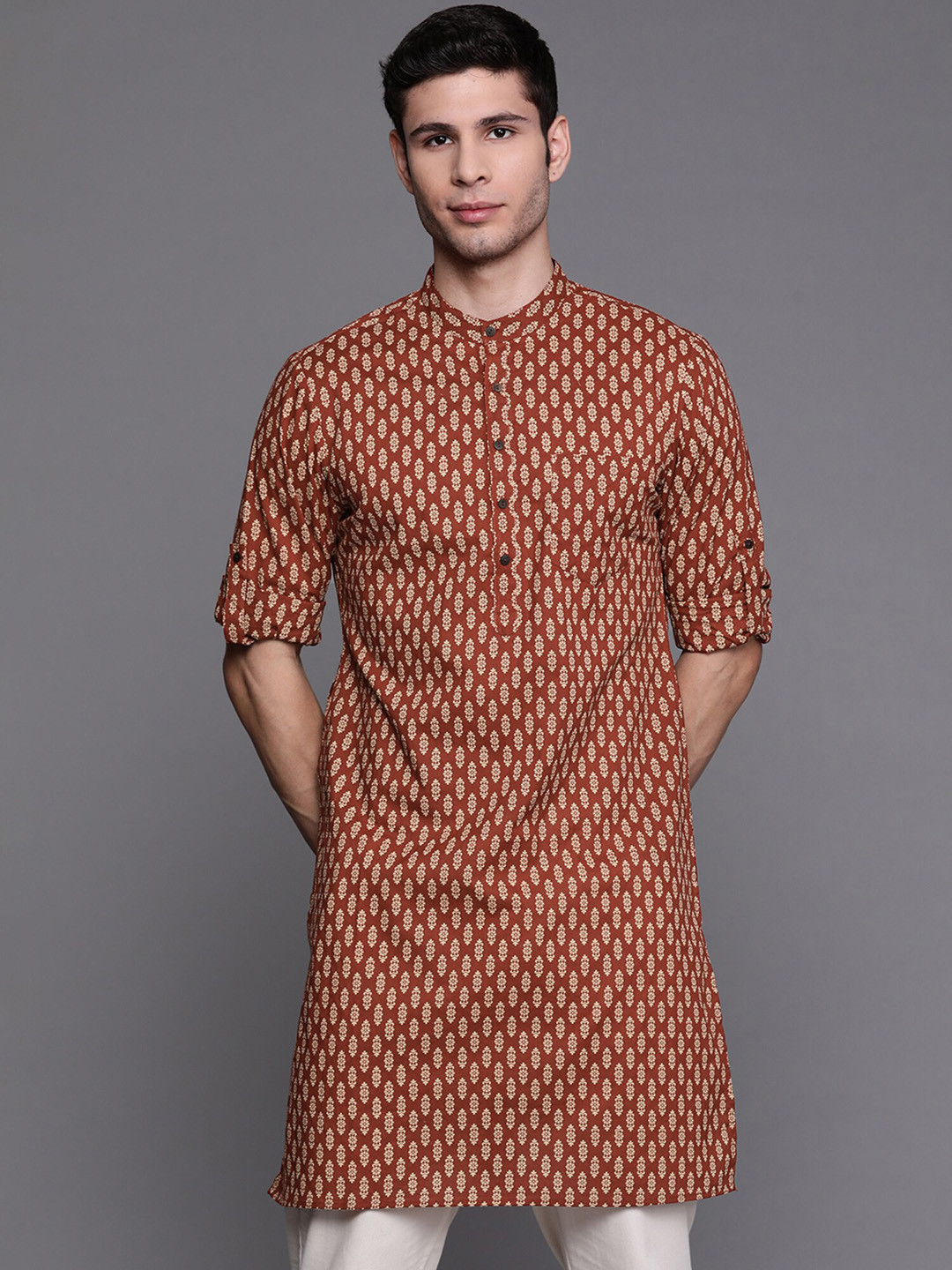 Buy Indo Era Ethnic Motifs Printed Mandarin Collar Roll Up Sleeves Pure