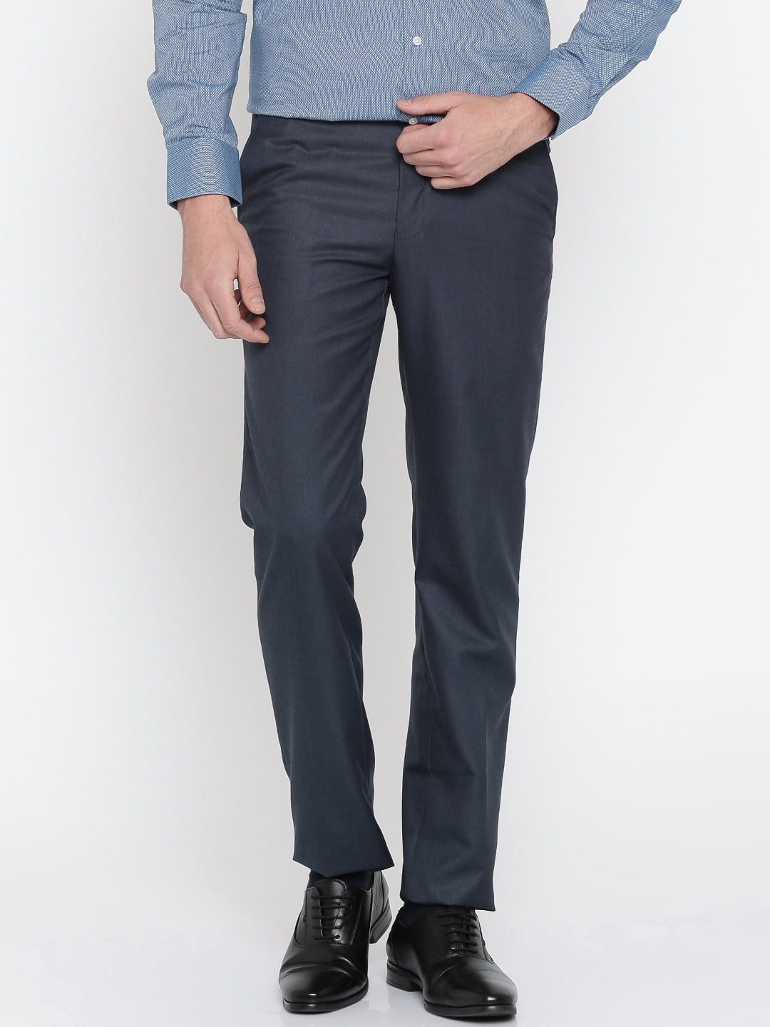 Buy Van Heusen Men Navy Blue Slim Fit Solid Formal Trousers - Trousers ...
