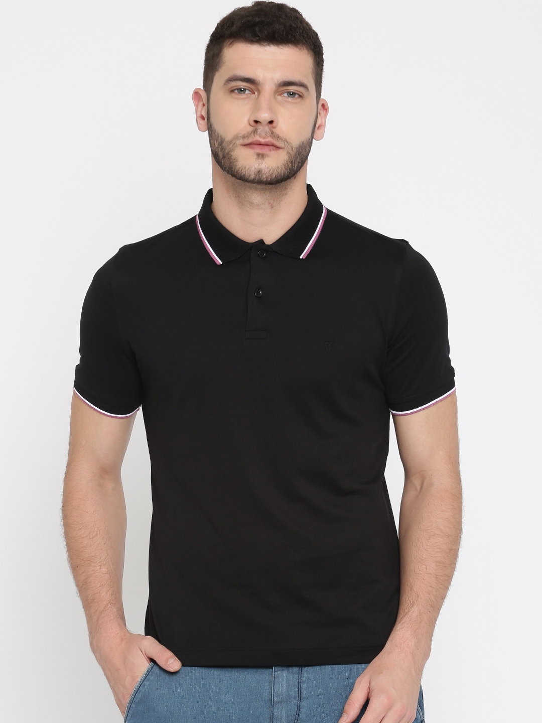 Buy Van Heusen Men Black Printed Polo Collar Pure Cotton T Shirt ...