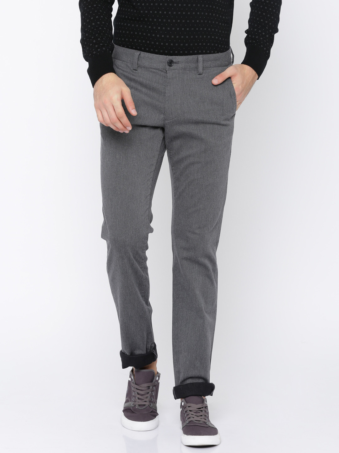 Buy Indian Terrain Men Grey Brooklyn Slim Fit Self Design Chinos ...