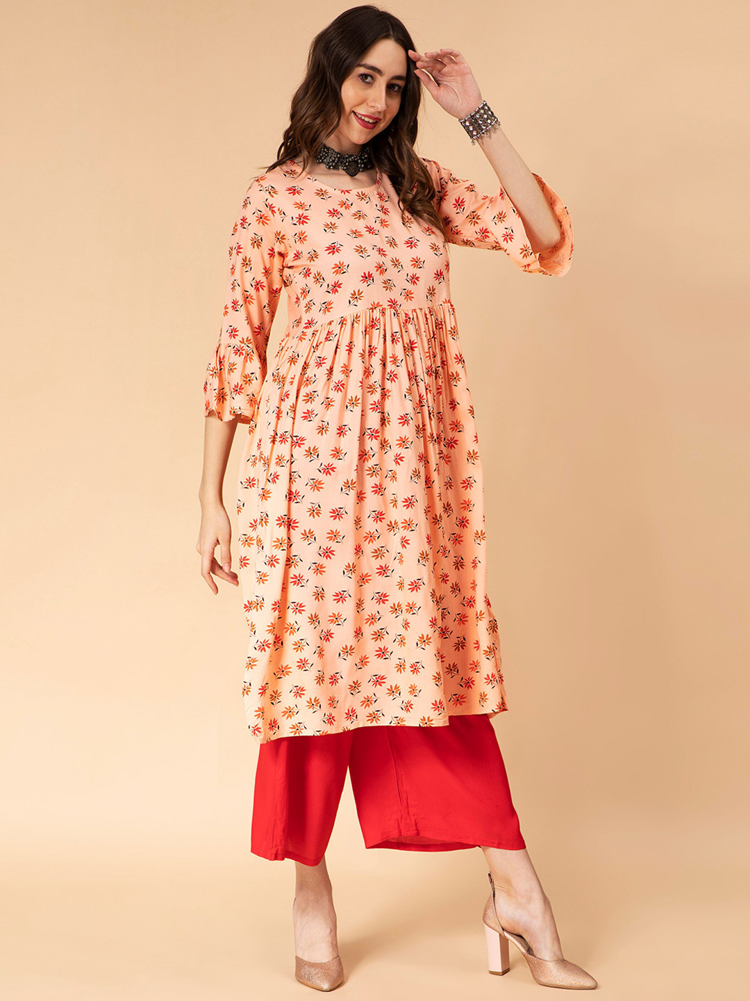 Buy Floral Printed Bell Sleeves A LineKurta With Palazzos