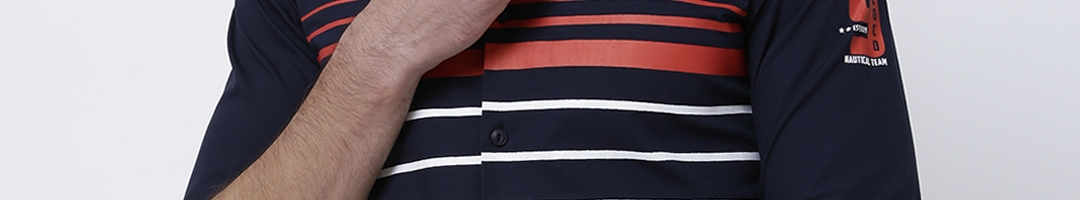 Buy LOCOMOTIVE Men Navy Blue & White Slim Fit Striped Casual Shirt ...